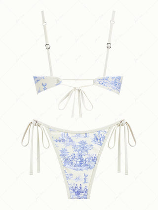 Crystal Cream Toile de Jouy Print Spliced Ruched Ruffles Bikini Set