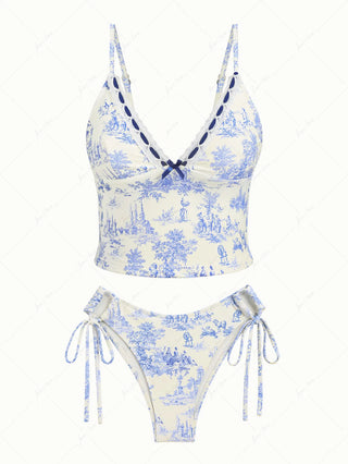 Crystal Cream Toile de Jouy Print Lace Plunging Neck Tankini Set