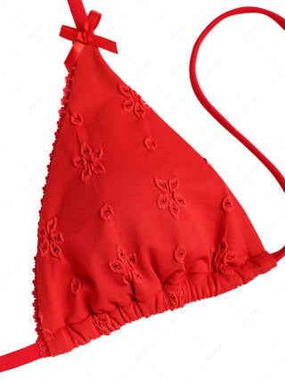 Red Recycled Fabric Jacquard Lace Bowknot Halter Triangle Bikini Top