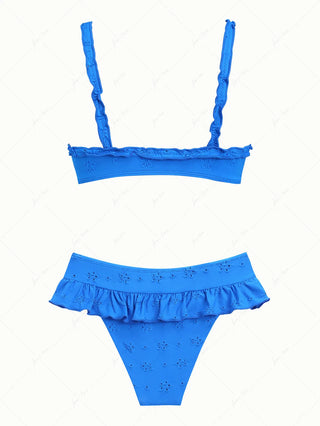Blue Recycled Fabric Jacquard Ruffles Tank Style Skirtini Bikini Set