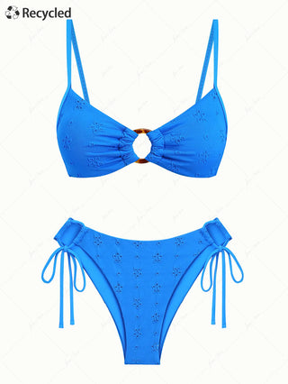 Blue Recycled Fabric Jacquard O Ring Bikini Set