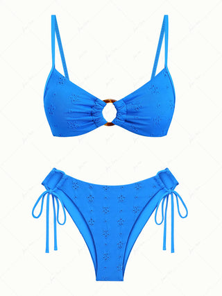 Blue Recycled Fabric Jacquard O Ring Bikini Set
