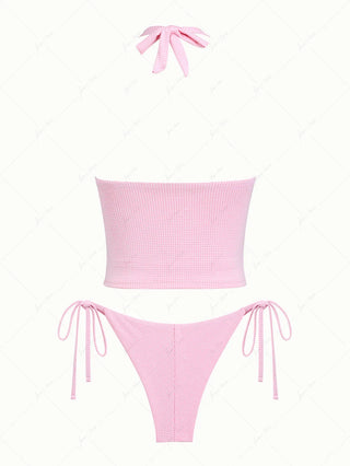Light Pink Knitted Plaid Lace Halter Tank Top & Cheeky Brazilian Bottom Tankini Set