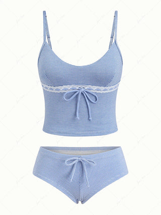Blue Knitted Plaid Lace Trim Bowknot Cheeky Boyshorts Tankini Set