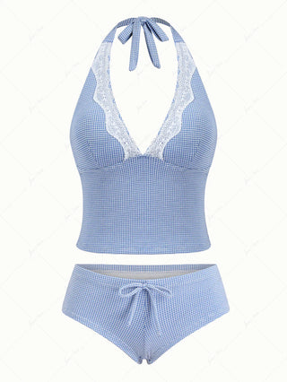 Blue Knitted Plaid Lace Halter Tied Cheeky Boyshorts Tankini Set