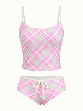 Light Pink Plaid Bowknot Cheeky Boyshorts Tankini Set