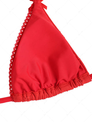 Red Recycled Fabric Jacquard Lace Bowknot Halter Triangle Bikini Top