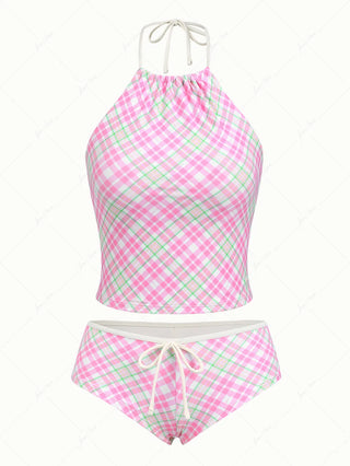 Light Pink Plaid Halter Tied Cheeky Boyshorts Tankini Set