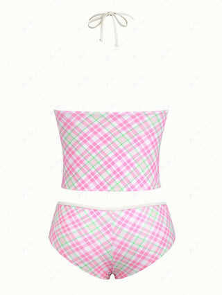 Light Pink Plaid Halter Tied Cheeky Boyshorts Tankini Set