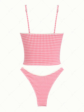 Red Bubble Grid Lace Bowknot Cheeky Tankini Set