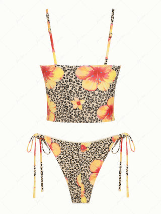 Leopard Floral Hibiscus Print Bowknot Tie Side Cheeky Tankini Set