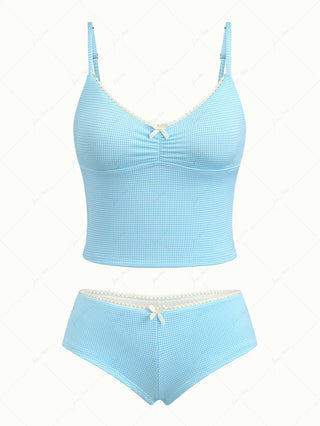 Sky Blue Plaid Ruched Lace Bowknot Cheeky Boyshorts Tankini Set