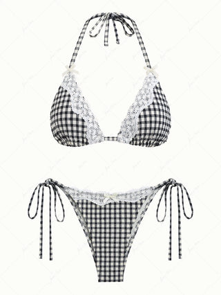Black Plaid Lace Bowknot Halter Triangle Bikini Set