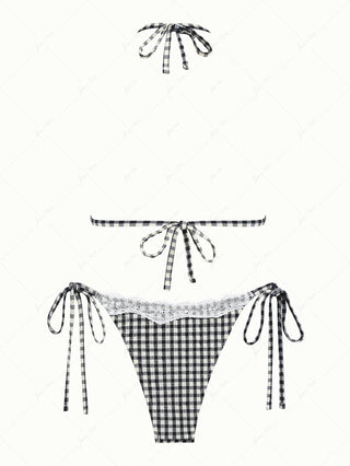 Black Plaid Lace Bowknot Halter Triangle Bikini Set