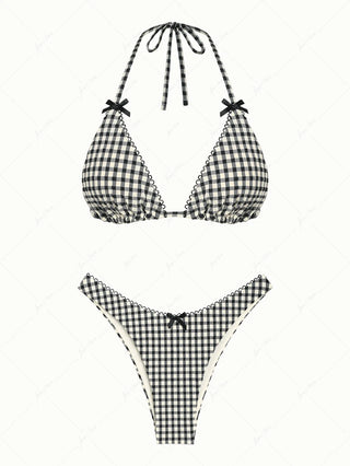Black Plaid Picot Bowknot Halter Triangle Bikini Set