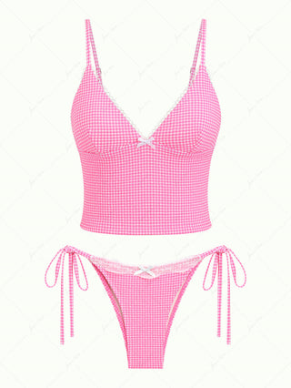 Light Pink Bubble Grid Picot Bowknot Tie Side Tankini Set