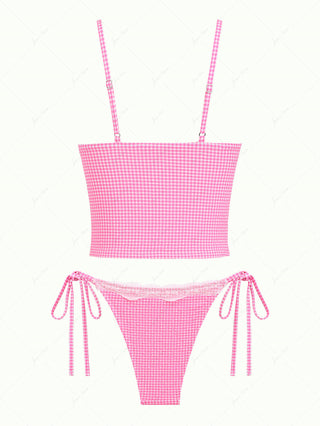 Light Pink Bubble Grid Picot Bowknot Tie Side Tankini Set