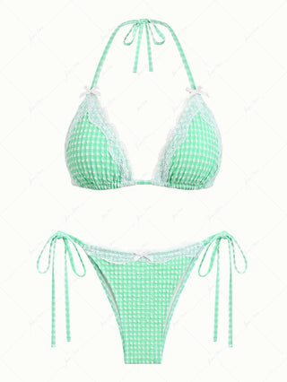 Green Bubble Grid Lace Bowknot Triangle Bikini Set