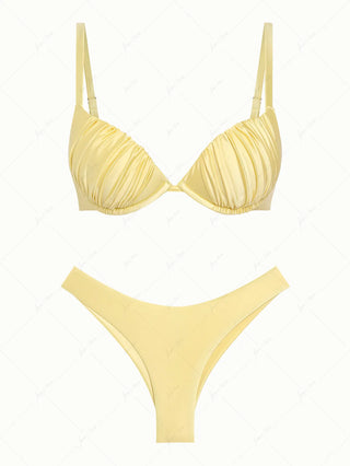 Light Yellow Satin Ruched Underwire Push Up Top & Cheeky Brazilian Bottom Bikini Set