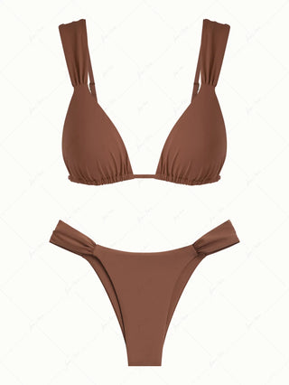 Brown Solid Color Ruched Triangle High Leg Bikini Set