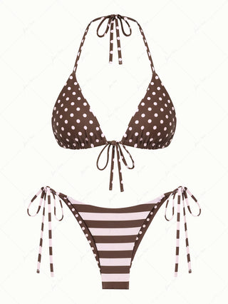 Pink Striped Polka Dot Print Reversible Triangle Top & Cheeky Brazilian Bottom Bikini Set