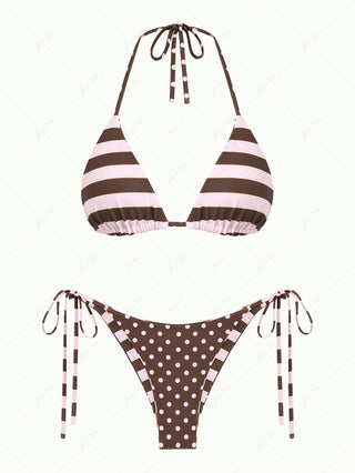 Pink Striped Polka Dot Print Reversible Triangle Top & Cheeky Brazilian Bottom Bikini Set
