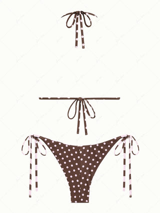 Pink Striped Polka Dot Print Reversible Triangle Top & Cheeky Brazilian Bottom Bikini Set