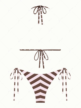 Pink Striped Polka Dot Print Reversible Triangle Top & Cheeky Brazilian Bottom Bikini Set