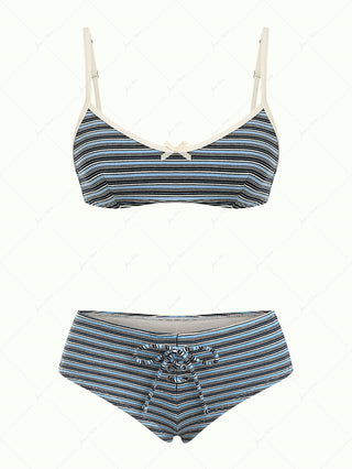 Blue Striped Bowknot Tank Style Lace Up Cheeky Boyshorts Bikini Set