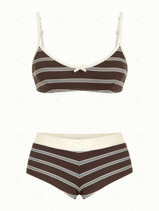 Deep Coffee Striped Bowknot Tank Style Cheeky Boyshorts Bikini Set
