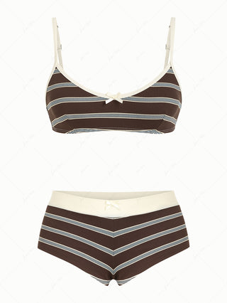 Deep Coffee Striped Bowknot Tank Style Cheeky Boyshorts Bikini Set