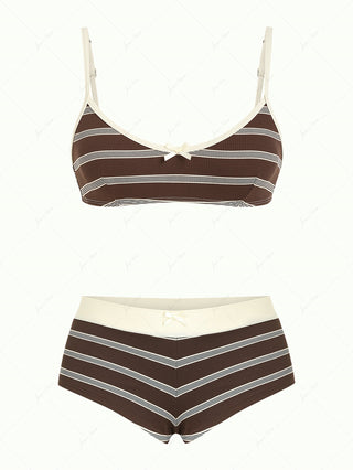 Deep Coffee Striped Bowknot Tank Style Cheeky Boyshorts Bikini Set