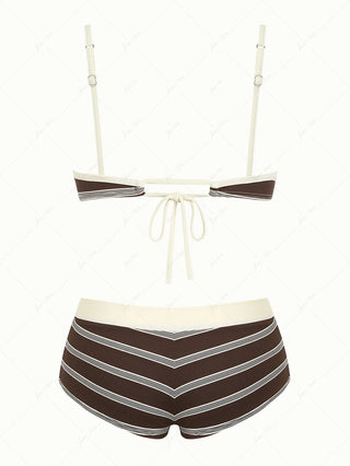 Deep Coffee Striped Bowknot Tank Style Cheeky Boyshorts Bikini Set