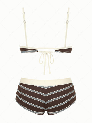 Deep Coffee Striped Bowknot Tank Style Cheeky Boyshorts Bikini Set