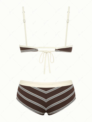Deep Coffee Striped Bowknot Tank Style Cheeky Boyshorts Bikini Set
