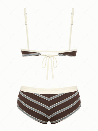 Deep Coffee Striped Bowknot Tank Style Cheeky Boyshorts Bikini Set