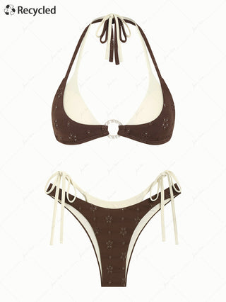 Deep Coffee Recycled Fabric Eyelet Jacquard O Ring Double Layer Bikini Set