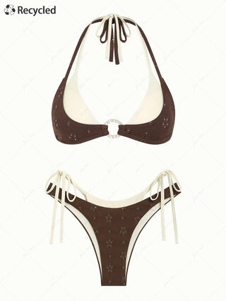 Deep Coffee Recycled Fabric Eyelet Jacquard O Ring Double Layer Bikini Set