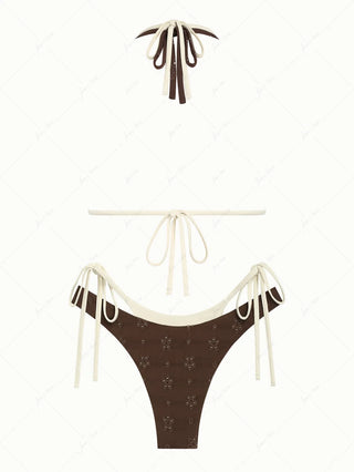 Deep Coffee Recycled Fabric Eyelet Jacquard O Ring Double Layer Bikini Set