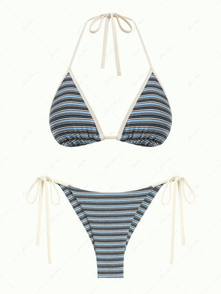Blue Knit Striped Ribbed Triangle Top & Cheeky Brazilian Bottom Bikini Set
