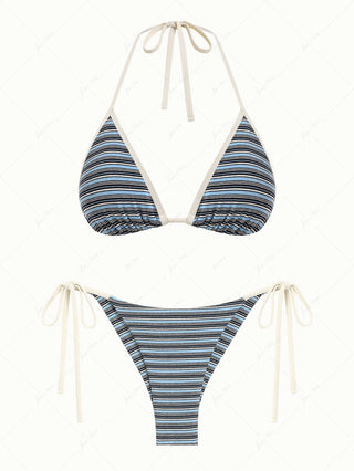 Blue Knit Striped Ribbed Triangle Top & Cheeky Brazilian Bottom Bikini Set