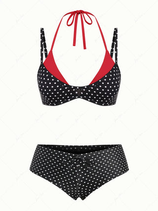 Black Polka Dot Print Double Layer Top & Cheeky Boyshorts Bikini Set
