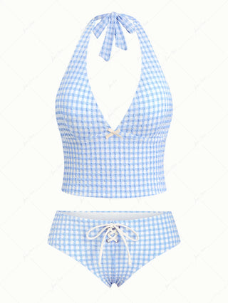 Light Blue Grid Textured Plunging Neck Halter Tied Tankini Set
