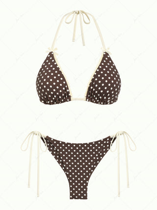 Deep Coffee Polka Dot Lace Bowknot Triangle Top & Cheeky Brazilian Bottom Bikini Set