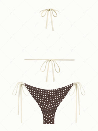 Deep Coffee Polka Dot Lace Bowknot Triangle Top & Cheeky Brazilian Bottom Bikini Set