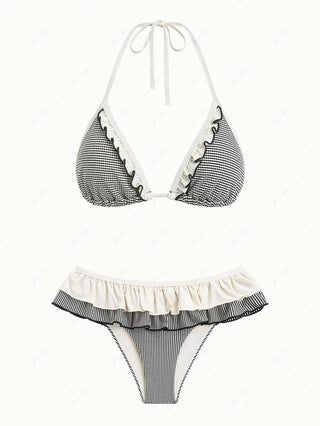 Crystal Cream Metallic Gold Yarn Knitted Fabric Ruffles Skirtini Bikini Set