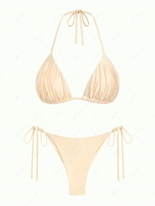 Champagne Satin Ruched Triangle Top & String Cheeky Brazilian Bottom Bikini Set