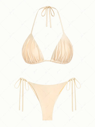 Champagne Satin Ruched Triangle Top & String Cheeky Brazilian Bottom Bikini Set