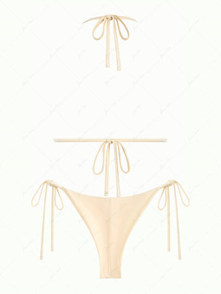 Champagne Satin Ruched Triangle Top & String Cheeky Brazilian Bottom Bikini Set