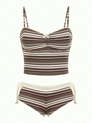 Deep Coffee Ribbed Striped Cutout Tie Side Cheeky Boyshorts Tankini Set